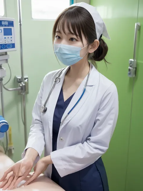 Rub your hands together、Nurses who wash their hands、uniform、mask、 stethoscope、don't wear nurse caps、手にBubble、Bubble、hospital、Look down