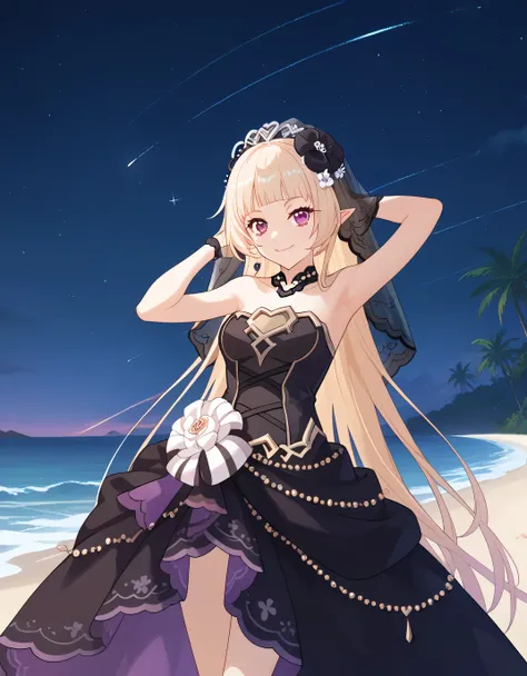YukiCeremonial, blond hair, long hair, bare shoulders, black dress, bridal veil, black veil, hair flower, strapless dress, game screencap, shiny skin, high quality, solo, night sky, beach, ((hands behind head)), ((contrapposto)), closed mouth, cowboy shot,...
