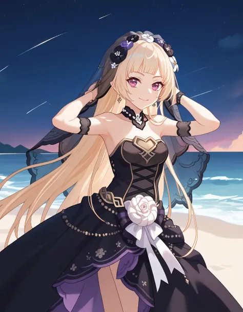 YukiCeremonial, blond hair, long hair, bare shoulders, black dress, bridal veil, black veil, hair flower, strapless dress, game screencap, shiny skin, high quality, solo, night sky, beach, ((hands behind head)), ((contrapposto)), closed mouth, cowboy shot,...