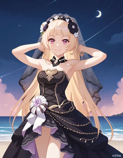YukiCeremonial, blond hair, long hair, bare shoulders, black dress, bridal veil, black veil, hair flower, strapless dress, game screencap, shiny skin, high quality, solo, night sky, beach, ((hands behind head)), ((contrapposto)), closed mouth, cowboy shot,...