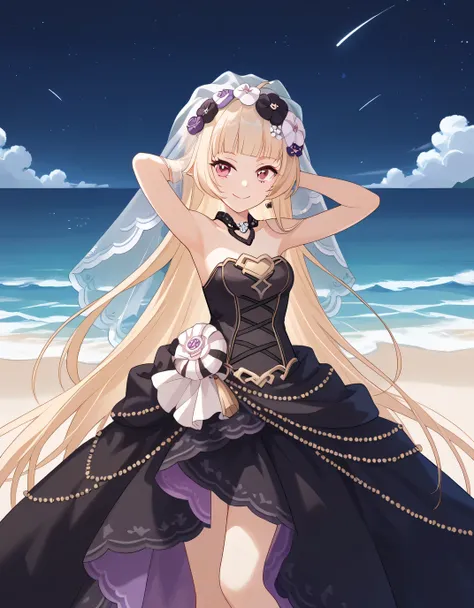 YukiCeremonial, blond hair, long hair, bare shoulders, black dress, bridal veil, black veil, hair flower, strapless dress, game screencap, shiny skin, high quality, solo, night sky, beach, ((hands behind head)), ((contrapposto)), closed mouth, cowboy shot,...