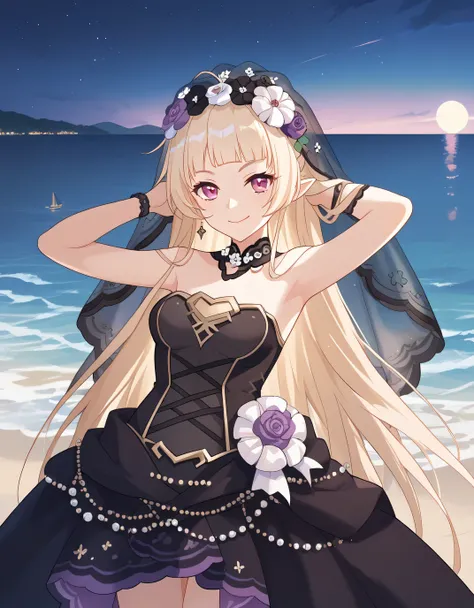 YukiCeremonial, blond hair, long hair, bare shoulders, black dress, bridal veil, black veil, hair flower, strapless dress, game screencap, shiny skin, high quality, solo, night sky, beach, ((hands behind head)), ((contrapposto)), closed mouth, cowboy shot,...
