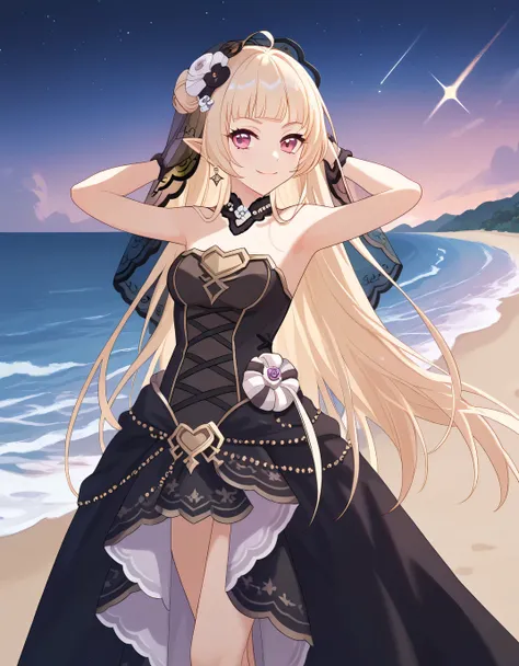 YukiCeremonial, blond hair, long hair, bare shoulders, black dress, bridal veil, black veil, hair flower, strapless dress, game screencap, shiny skin, high quality, solo, night sky, beach, ((hands behind head)), ((contrapposto)), closed mouth, cowboy shot,...