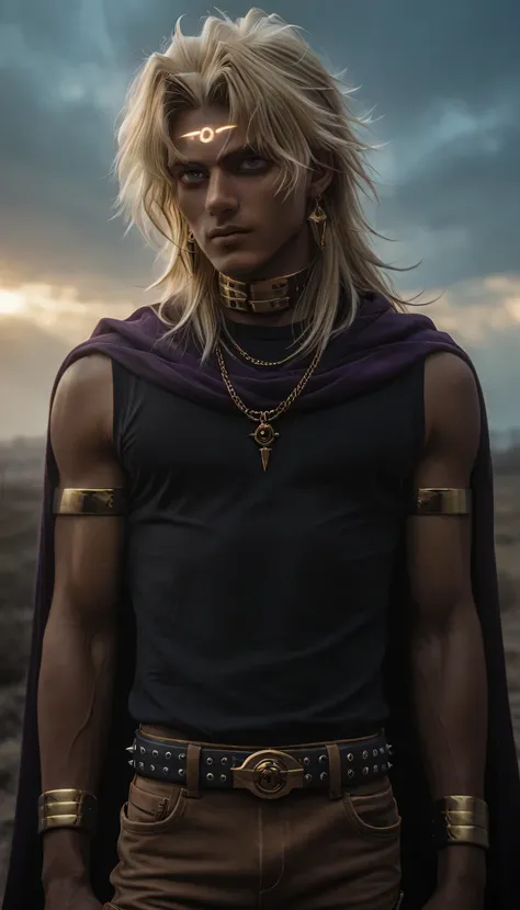 masterpiece, best quality, 
marikuish, 1boy, male focus, solo, yami marik, dark skin, dark-skinned male, purple eyes, blonde hair, long hair, spiked hair, jewerly, earrings, neck ring, armlet, shirt, black shirt, sleeveless, cape, purple cape, belt, pants,...