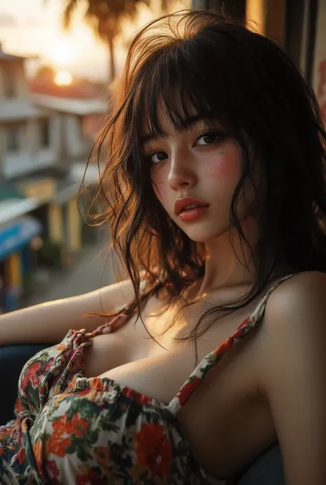  Erotic sensual and alluring seductive pose, highly detailed and aesthetically pleasing photo, (view of the street, houses and shops from the veranda) (Large and prominent enormously huge round breasts showing décolletage and cleavage ) , Beautiful colorfu...