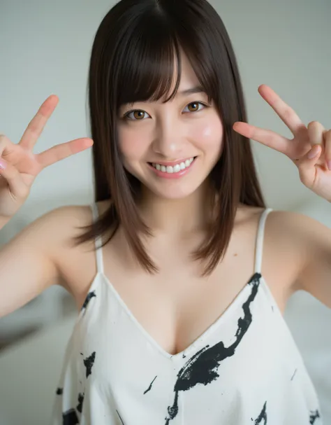face close-up, The image is a picture of a young woman named Kanna, highlighting,  white skin and long ,  straight dark brown hair , and bangs. her skin is as white as snow.  deep v-neck, Chest.  Kanna wears sleeveless  ,  highlights a white dress with a b...