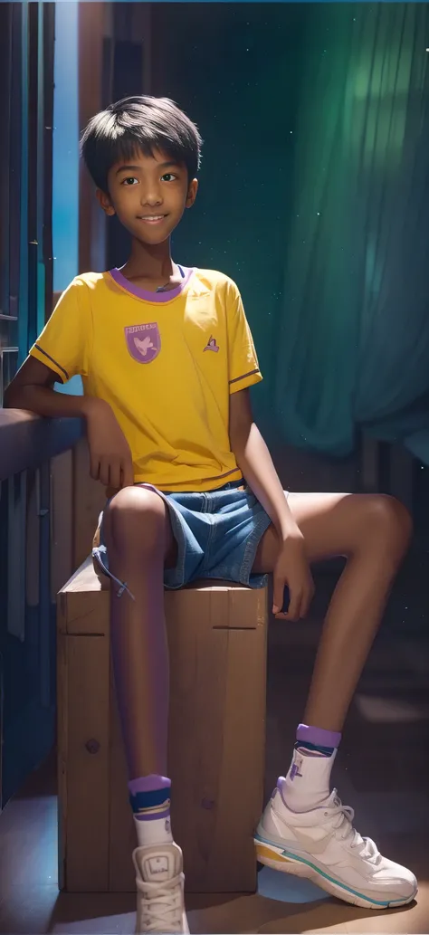 Fourteen year old boy , , denim shorts , Light purple t-shirt, big eyes, Super short hair ,full body shot ,A middle school student , peek out and smile ,Night sky background,brightly colored high-top shoes,high-definition sharp lines