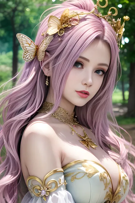 (fantasy, ethereal, ultra-detailed, masterpiece), beautiful woman with delicate features, golden hair with soft curls, wearing a pink and gold butterfly-themed gown, intricate jewelry with butterflies and flowers, glowing gemstones, fairy crown with pastel...