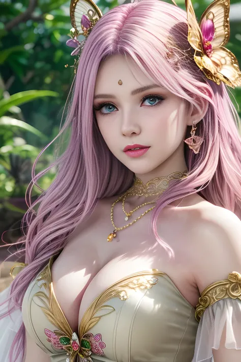 (fantasy, ethereal, ultra-detailed, masterpiece), beautiful woman with delicate features, golden hair with soft curls, wearing a pink and gold butterfly-themed gown, intricate jewelry with butterflies and flowers, glowing gemstones, fairy crown with pastel...