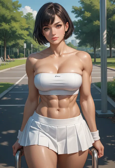 short bob hair, black hair, black thin eyebrows, dark brown eyes, black eyeliners, nose, lips, pink lips, beautiful face, collarbone, cleavage, medium breasts, muscles female, abs, navel, (white tube top), standing, (thick thighs:1.2), (white short skirt),...