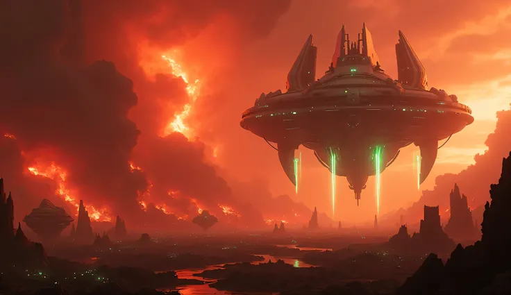 A massive sci-fi battlefield: the sky of a human outpost burns with fiery red clouds and thick black smoke, cities in ruins below glowing with embers. Above, enormous alien warships with jagged, biomechanical designs and pulsating green energy veins loom l...