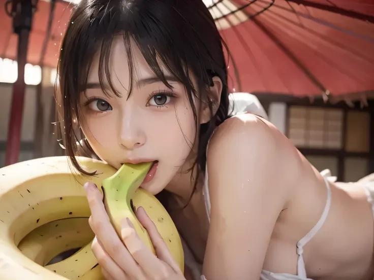 Close up of a woman with a banana in her mouth, young sensual gravure idol, Wet Mouth,  Japanese models