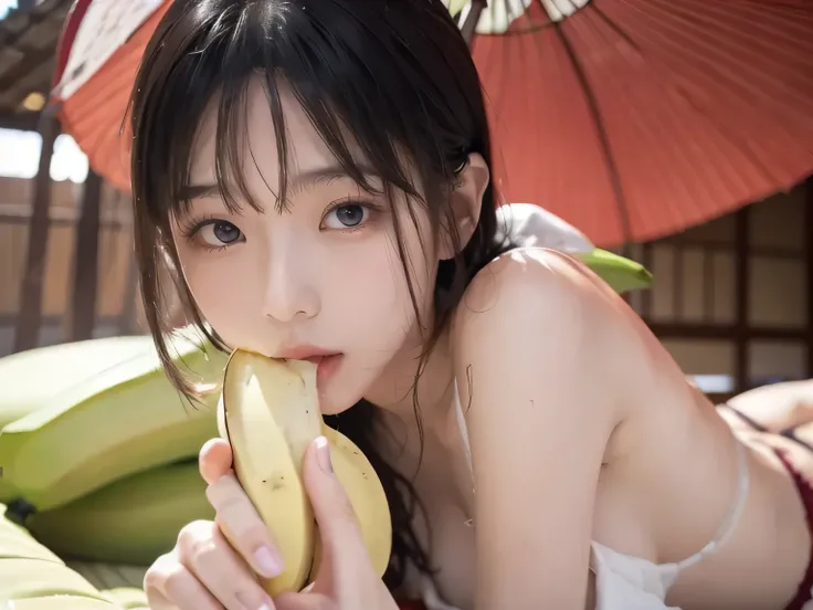 (looking at view:1.2), Japanese models, fellatio, wet, sexy, Close up of a woman licking a banana, embarrassed look