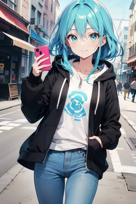 best quality, 1girl, solo, holding smartphone, looking device display, from front, smile, green eyes, light blue hair, long hair, hair between eyes, walking, Black Zip-up hoodie, jeans, sidelocks, cowboy shot, street., sunny afternoon