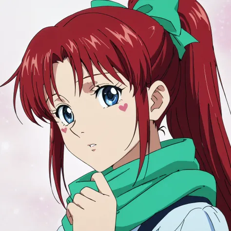 1girl, solo, Anime Style, Beautiful Anime Girl with Red Hair and Blue Eyes, Ponytail, Green Bow, Green Scarf, Beautiful Blue Eyes, Blue Eyes, Red Hair, Dark Red Hair, Beauty Mark, Long Hair, Bangs, Cute, Beautiful, Pretty, Feminine, pink sparkly background