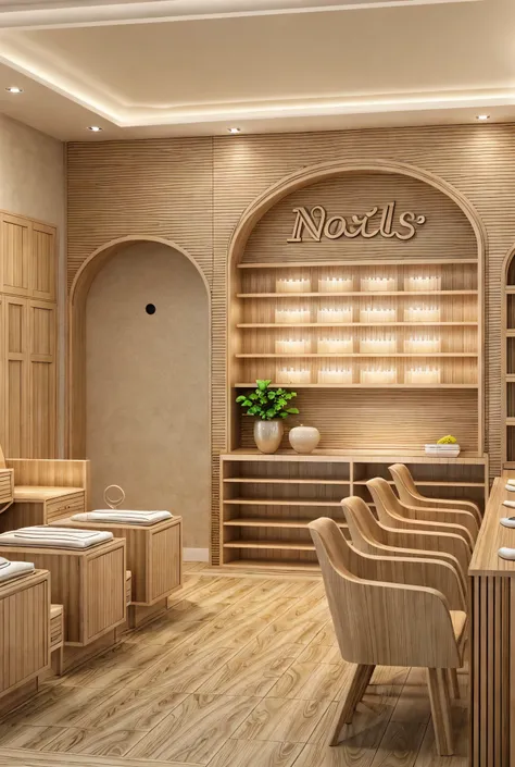 nail spa interior, beige color tone, wood furniture, best qualityer, 8k, extremely detaild,anime styling