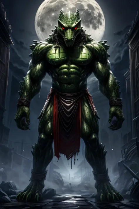 A green demonic crocodile,scales, age 30 years,sexy, high, slender body and suckling,red eyes,((very ugly brown loincloth)), hands and paws with claws,(below:During the night with the full Moon and with fog ,good detailed lighting,The green demonic crocodi...