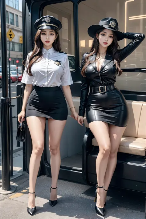  poses in a city police car , photo，Sexy bulge, police officials, wear, Bobby, official, , Full set of clothing, Female Sheriff,  K-pop idol ，Tight，Hips Wrapping Skirts，Tight hip skirt，high heels，Pear-Shaped Body，blue eyes，Double eyelid long lashes ， sexy ...