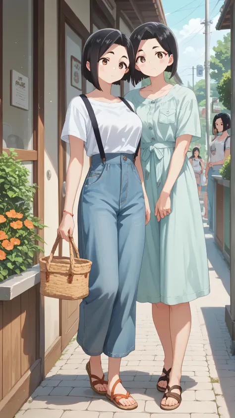girls　sanae yamada　 short hair　black hair　 brown eyes　plain clothes 　 casual　Girly　Around town　cute　semi-long　full body　Big Breasts　Summer clothes