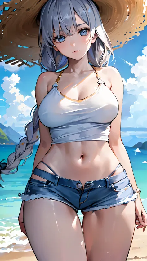 (((Best quality, 8k, Masterpiece: 1.3)), ((best quality)), ((masterpiece)), (detailed), perfect face, perfect body, (detailed skin:1.3), (intricate details), White tank top, denim skirt, age Girls, Straw hats, strong sunlight, Beach, cumulonimbus cloud