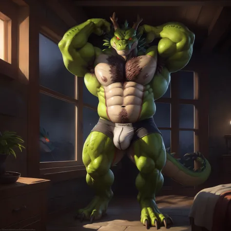 solo, 4k, hd, (ultra detailed), a beautiful and detailed full size portrait of a male (muscle, naked body, pink nipples, buff, bulky, abs, big body, daddy, chest hair, massive pecs, muscular, b), anthro dragon shenron, shenlong, scalie, eastern dragon, chi...