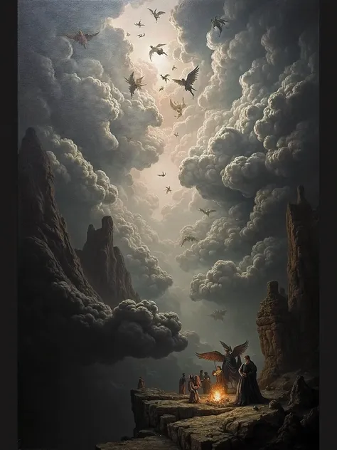 An Epic dark late classical gothic horror Romantic, detailed impasto thick brush details oil painting, dark late century mysticism, supernatural and terrifying yet fascinating masterpiece of an epic battle of good and evil, a group of angels in a monstrous...