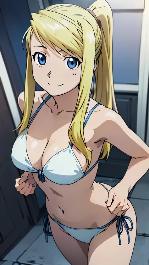 (masterpiece), (best quality), (highly detailed), (extremely detailed CG), (4K), (8K), (anime style:1.5), (Winry Rockbell), 1girl, blonde glassy eyes, (round face:1.3), (medium breasts), ( White tie-side bikini), smile, (grabbing own breasts by hands), (st...