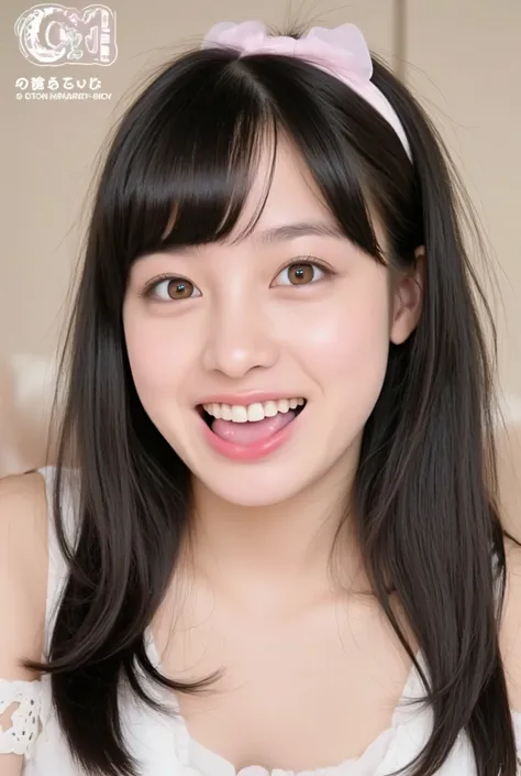 girl, black hair, long hair , open your mouth wide and stick your tongue out, Front of face, face looking down at the center , face , Accurate eye expression, Accurate tongue tip expression, the tip of her tongue sticks out , Accurate facial ...