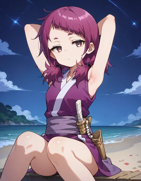shakuyaku, sleeveless, japanese clothes, hightighs, fingerless gloves, bare legs, anime screenshot, shiny skin, high quality, solo, three-quarter portrait, (contrapposto), hands behind head, closed mouth, night sky, beach, looking at viewer, expressionless...