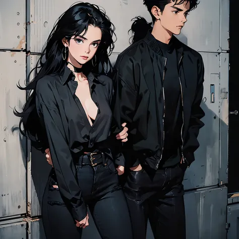 Leaning against the wall、Woman standing with legs crossed, Wearing tight black clothing,  androgynous  person,  wearing black contemporary clothes ,  androgynous , Wearing black clothes, Tight black clothes, Wearing black clothesいました,  black low-cut shirt,...