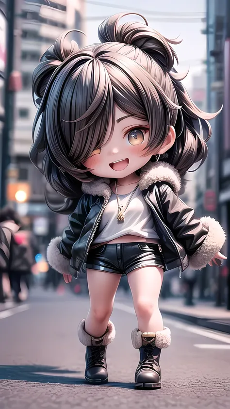 (Masterpieces), 1 girl, Golden Brown Hair,  Golden Brown Hair, French Twist  ,  asymmetrical edges , Golden eyes. Tiny shorts., fur coat , Maximum, watch, Chibi, Close One Eye, Open your mouth, smilelook at watcher, Spark,Cool gray hair, black boots ,Osaka...