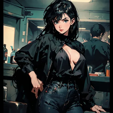 In a Club, Leaning against the Bar、Drinking Beer, Woman standing with legs crossed, Wearing tight black clothing,  androgynous  person,  wearing black contemporary clothes ,  androgynous , Wearing black clothes, Tight black clothes, Wearing black clothesいま...