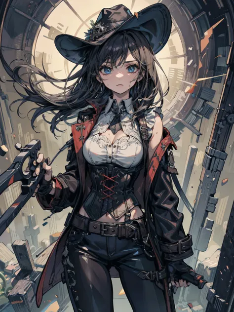 earring, big breasts, medium hair, ((black hair)), sexy, erotic, seductive, Sensual, adult body, sweat, cowboy shot, female Van Helsing, gothic hunter, vampire slayer, wearing a black leather trench coat, corset with silver buckles, high-collared shirt, ti...
