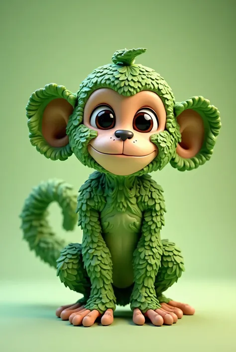 A 3D animated creative image of monkey  made entirely of green cabbage leaves. Its body, arms, and tail are formed from layered cabbage, with large leafy greens as ears. The creature has shiny, dark eyes and a small black nose, giving it an expressive and ...