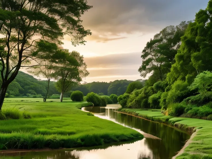 A lush green landscape unfolds, dominated by a large, vibrant tree standing resiliently by a gently flowing stream, its waters shimmering in the subdued light. The grassy banks are rich and verdant, creating a soft contrast against the dark, rippling surfa...