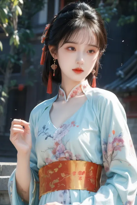 ( masterpiece, Top Quality, best quality, official art, beautiful and aesthetic:1.2), (1 Girl:1.3), flat chest,  extremely detailed,(Fractal Art:1.1),(colorful:1.1)(Flowers:1.3),Highest Detail,(dynamic pose), (background:1.3), (traditional Chinese costume:...