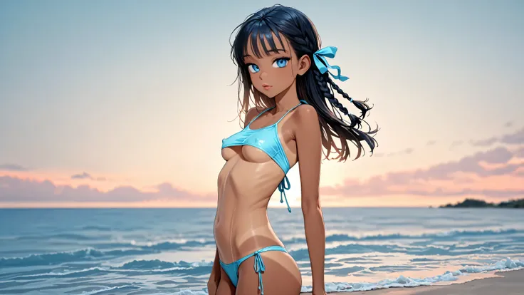 ((1girl, solo)), standing in the water at the beach, (()), ((dark tan girl), (tan skin), cute girl, (()), ((skinny)), ((petite)), (long hair), (side braid), ((black hair with STREAKS OF BLUE in her hair)), pastel colors, perfect ass, ((tight bikini top)), ...