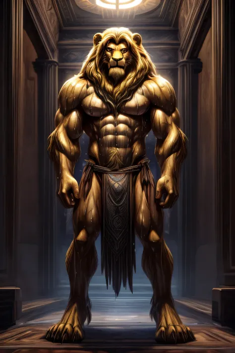 A golden lion father, age 30 years,sexy, tall thin and sucked body, long, leafy yellow hair,piercing orange eyes,((very ugly brown loincloth)), hands and paws with claws,(below:at night, room with good detailed lighting,only the golden lion father is stand...