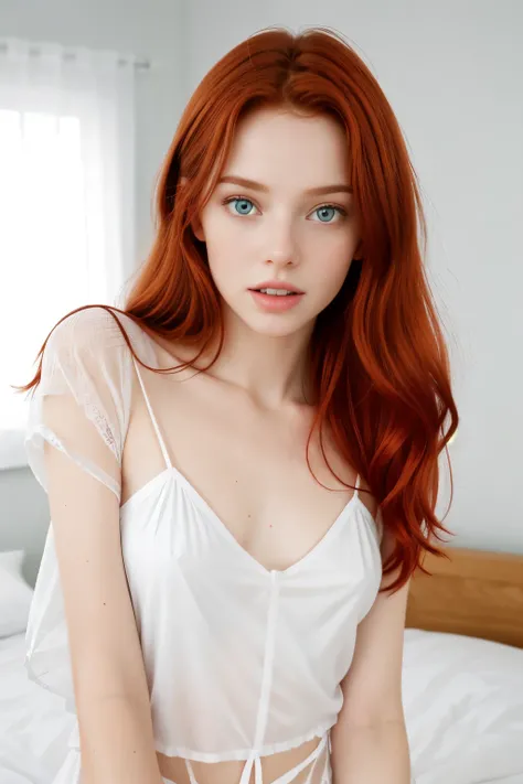  (18yo skinny redhead girl:1.2) ((white sheer clothes)) She wears just a sheer nightgown, she awakes Lie on your side on the bed,Butt curve is obvious, Rubbing crotch against pillow. Hips moving backwards and forwards. Hands grip pillow. mouth open and sta...