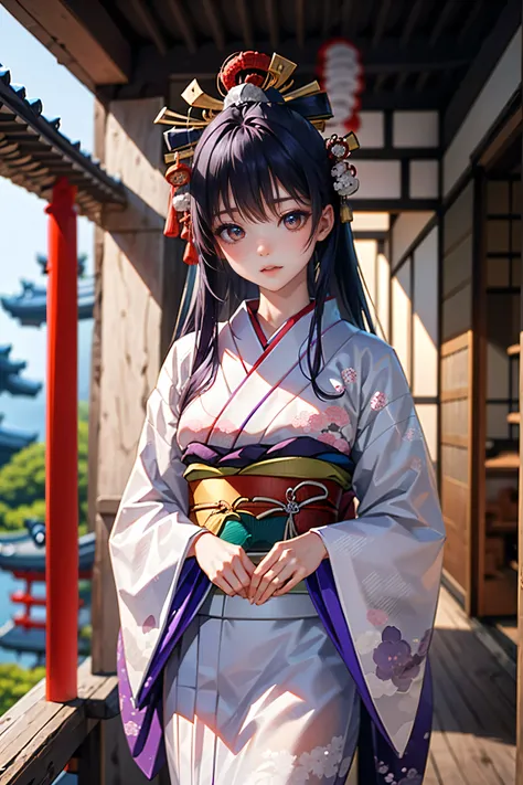 (masterpiece, highest quality: 1.2), one girl, twelve people, one person, long straight black hair, enjoying a folding fan, west peak, wall, lattice, drying rack, corridor, Japanese garden, ((Heian period crimson eyed beauty)), ((Crimson eyes)), ((sparklin...