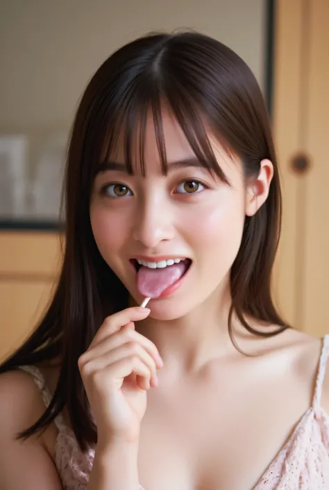 A tongue full of saliva is Just the right length tongue that doesn't catch your eyes 32k 8k super high image quality masterpiece, well-groomed face, Realistic eyes, High Brightness, Real Eyes, with funny faces and eyes wide open, as shown in the pict...