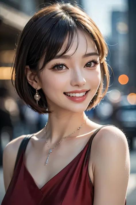 ((1. The ultimate beautiful Japanese woman)), mature, beautiful face, detailed lips, Beautiful Eye Details , double eyelids, long eyelashes、(grin), (( beautiful alignment of teeth)), pixie cut, elegant eyeshadow, (Big Breasts), (bust up), captivating mak...