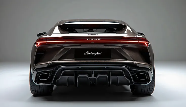  create an ultra-detailed 3D render (back) view, of a modern (Lamborghini URUS SE) with a bold designy looking long like limousine captured from (back view). The car should feature a 'Gleamy oily (metallic skin)' color and black accents with a ('lamborghin...