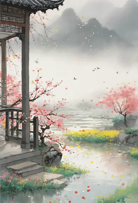 A peaceful spring sleep , Unaware that breaking dawn . Everywhere , The sweet melody of birdsong filled the air . The sound of rain reverberates faintly , leaves traces of passing away . Scattered flowers spread all over the ground , proved that coun...