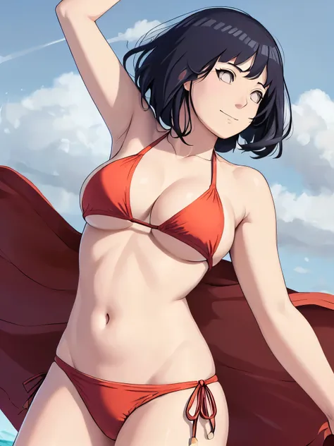 hinata\(boruto\), (absurdres:1.7), (high quality:1.6), anime, (cowboy shot:1.8), ((sport bikini:1.5)), ((slender woman, off-shoulders, (long belly), (thick arms:1.1), super detailed body, smile)), (medium-big breasts:1.7), closed mouth), ((floating hair, d...