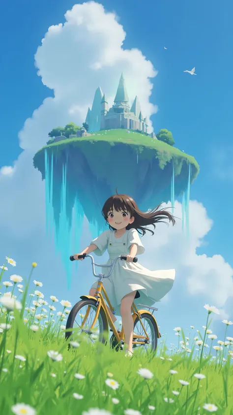 (masterpiece:1.5), (best quality),  8k resolution,  Ultra HD Details, Real photography style,  
The background of a young girl in the center of the picture，Low angle looking up view，She rides a retro bike， wearing a white dress ，long hair flutters with the...