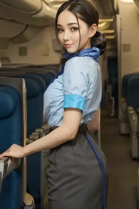 (masterpiece:1.2, top quality:1.2), 32kHDR, high quality 。 perfect for loosely aligning your legs , (alone、 1 girl)、( daytime building rooftop 、 Professional Writing )、 Facing roof of building 、( wear a blue ANA flight attendant uniform 、 real style...