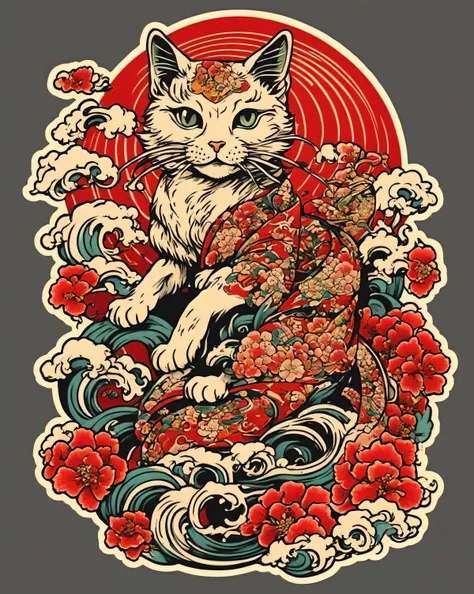 traditional Japanese tattoo design , Neo Japanese-style cat, sticker art ,
