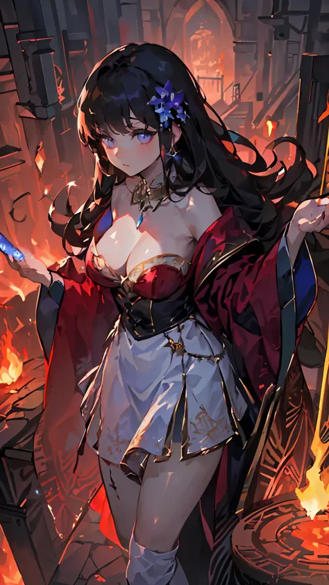 (((Best quality, 8k, Masterpiece: 1.3)), ((best quality)), ((masterpiece)), (detailed), perfect face, perfect body, (detailed skin:1.3), (intricate details), Witch, adult woman, deep blue robe, background (violet flames), hair ornament with hyacinth motif,...