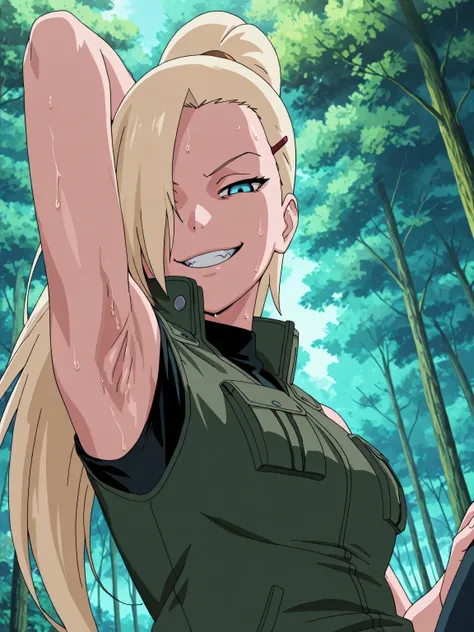 masterpiece, best quality, amazing quality, front light, anime screencap, 1girl, solo, InoShipuuden, blonde hair, high ponytail, hair over one eye, extra pockets, open collar, high collar, Green Flak Jacket, black sweater, breasts, blue eyes, bare shoulder...